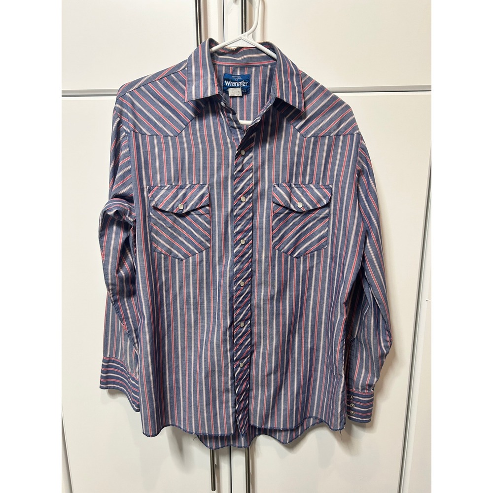 Vintage Wrangler Mens Medium Blue Red Striped Pearl Snap Western Shirt Rodeo